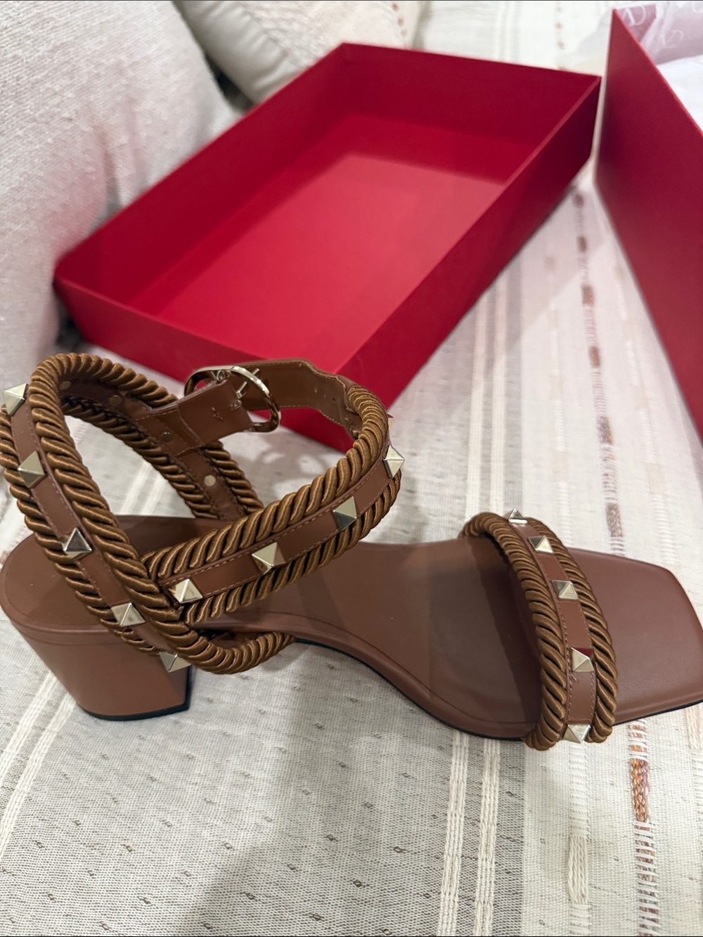 Valentino Brown Rope-Trim Studded Leather Heels (price firm) - Picture 5 of 7